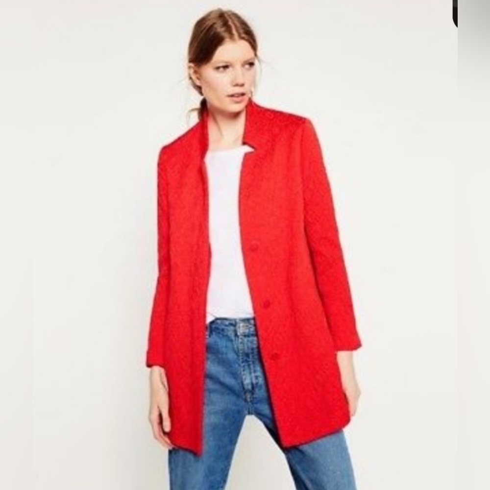 ZARA Fall Red Jaquard Herringbone coat XS Trend